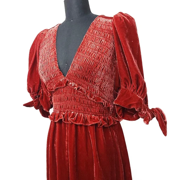 Sea New York Mayde Velvet Puff Sleeve Smocked Bow Midi Maxi Dress - Picture 8 of 11